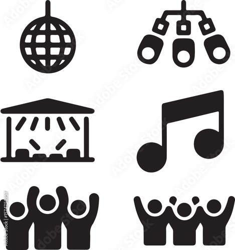 Party Icons Disco Ball, Stage Lights, Music Notes, and Crowd Silhouettes