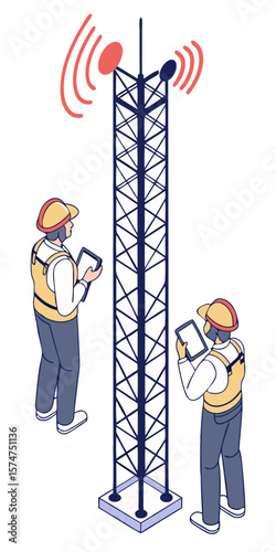 Field technician servicing a tall 5G antenna structure used for high-speed mobile and internet access in isometric style.