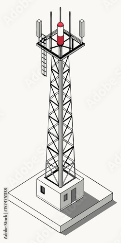 Isometric cartoon vector of a high tower with a 5G antenna for call, phone, and internet signal transmission.