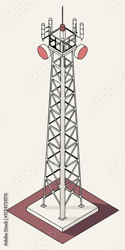 High communication tower equipped with 5G antenna for phone and internet connectivity in isometric vector style.