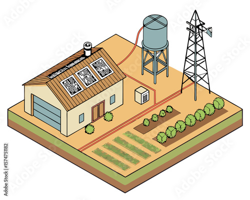 Vector diagram of a smart ecological farming system using drones, IoT devices, and solar irrigation on dry land.