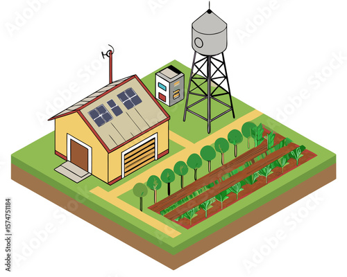 Advanced agricultural system on dry soil with solar cell pumps, autonomous drones, and IoT-based smart farming equipment in isometric vector.