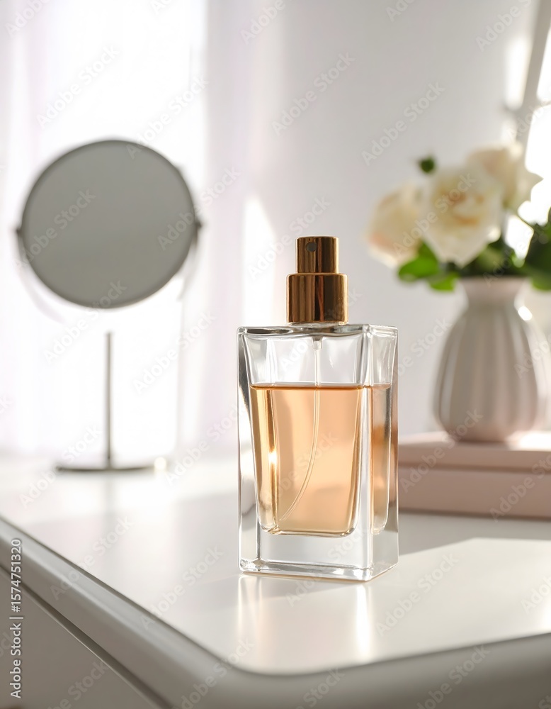 Perfume advertisement, bottle and minimalism: Documentary-style image of perfume bottle on minimalist vanity table, natural morning lighting, uncluttered scene --ar 16:9 Perfume advertisement, bottle and minimalism: Documentary-style image of perfume bottle on minimalist vanity table, natural morning lighting, uncluttered scene --ar 16:9
