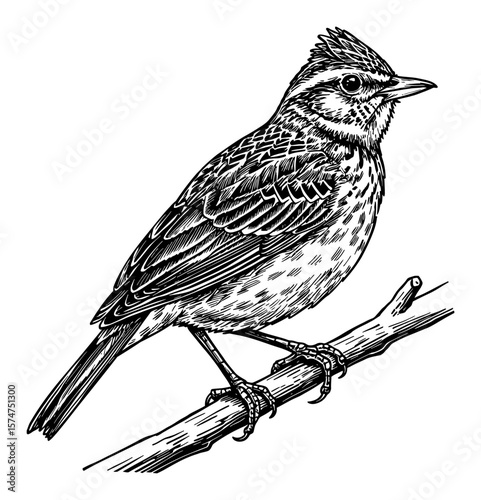 Detailed Lark Bird Perched on a Branch Black and White Outline Line Art Drawing Vintage Engraving Style Isolated