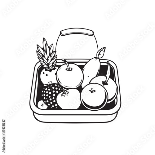 School lunchbox with fruits vector design concept black and white illustration.