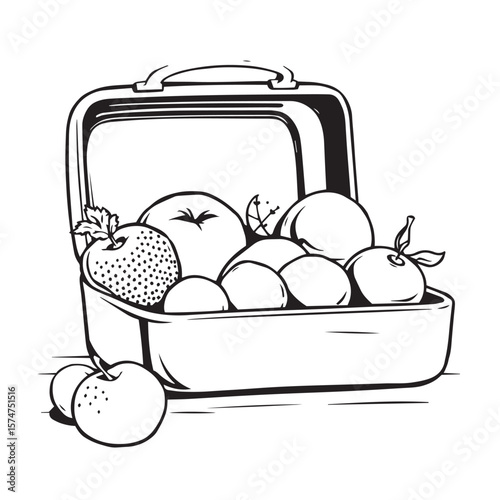 School lunchbox with fruits vector design concept black and white illustration.