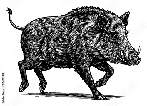Powerful Wild Boar Running with Tusk Side View Black and White Outline Line Art Drawing Vector Illustration