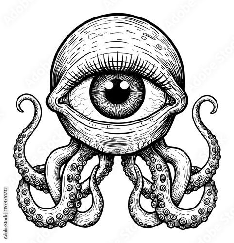 Creepy Eyeball Monster with Tentacles Front View Spooky Creature Black and White Outline Line Art Drawing