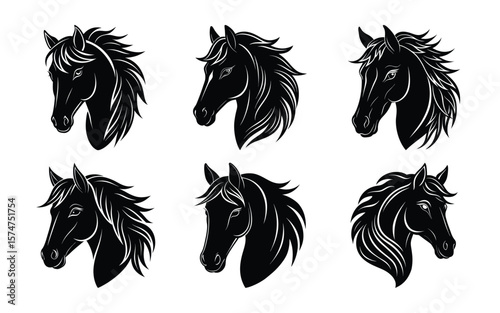 Horse Face Silhouette Bundle Set On White Background 
