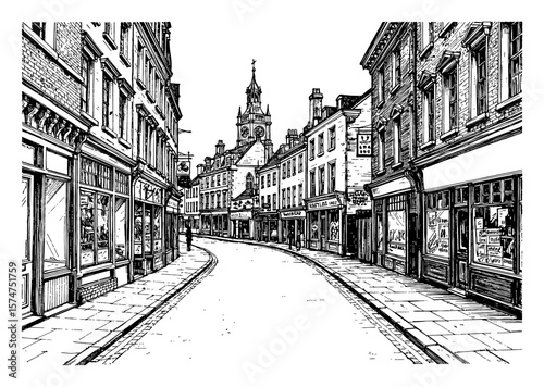 Empty Old British Town Street View with Buildings and Clock Tower Black and White Outline Line Art Drawing
