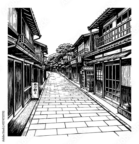 Empty Traditional Japanese Street View Old Town Alley Buildings Black and White Outline Line Art Drawing