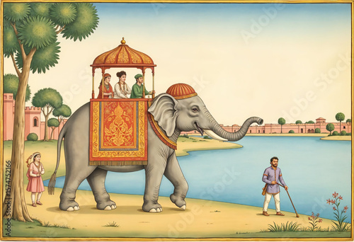 Mughal Procession Vector – Emperor on Adorned Elephant in Royal March by Lake and Jungle, Traditional Wall Painting for Heritage Decor and Vintage Artwork