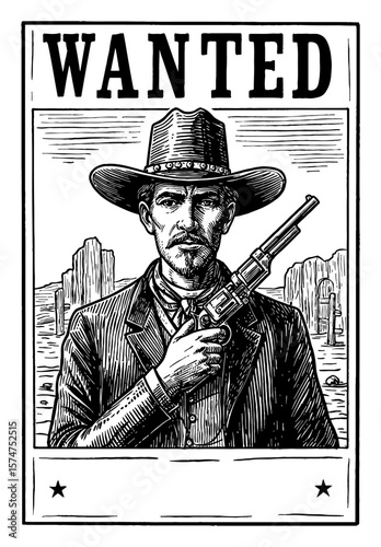 Vintage Old Wild West Wanted Poster Design Layout Black and White Outline Line Art Drawing of Cowboy with Pistol
