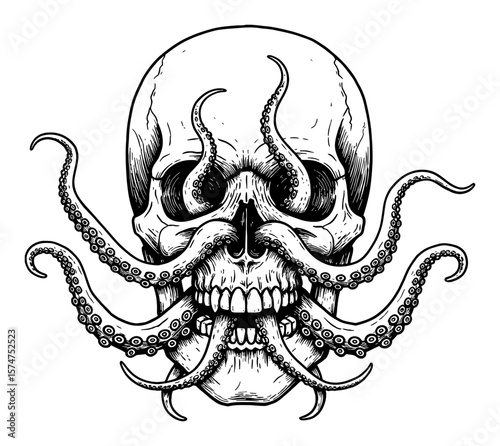 Detailed Human Skull with Tentacles Emerging Front View Black and White Outline Line Art Drawing Engraving Style