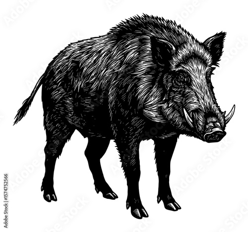 Detailed Boar Full Body Shot Wild Animal Vintage Black and White Outline Line Art Drawing Illustration