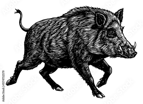 Dynamic Wild Boar Running Black and White Outline Line Art Drawing Full Length Side View Illustration