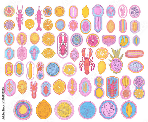 Tropical summer postage stamps stickers. Vector illustration set of lobster, dragon fruit, sardines, lemons and banana for print, placards or poster wall art design in trendy charcoal style