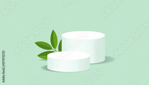 Podiums with green leaves and shadow. Empty background for cosmetic products.