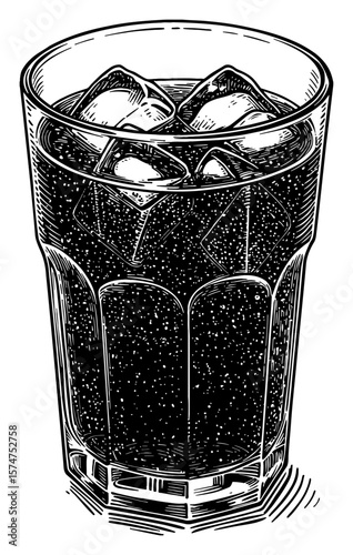Refreshing Cold Soda with Ices in a Glass Black and White Outline Line Art Drawing Vintage Style