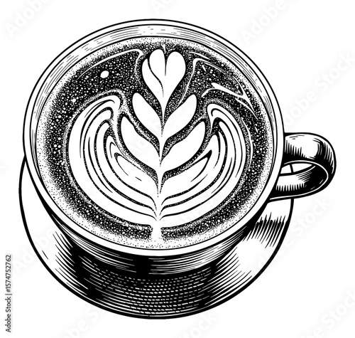 A Cup of Coffee Top View with Latte Art Black and White Outline Line Art Drawing