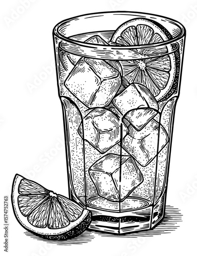 Elegant Glass with Water Ice Cubes and Lemon Decoration Black and White Outline Line Art Drawing