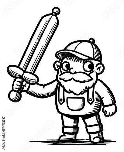Funny Cartoon Character Holding Large Inflatable Balloon Sword Black and White Outline Line Art Drawing