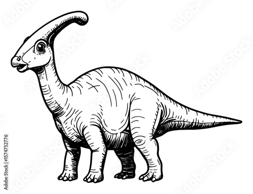 Cute Parasaurolophus Dinosaur Full Body Side View Vintage Black and White Outline Line Art Drawing