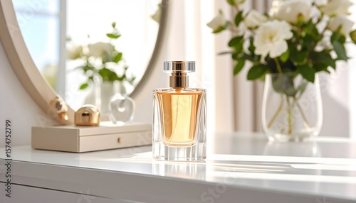 Perfume advertisement, bottle and minimalism: Documentary-style image of perfume bottle on minimalist vanity table, natural morning lighting, uncluttered scene --ar 16:9