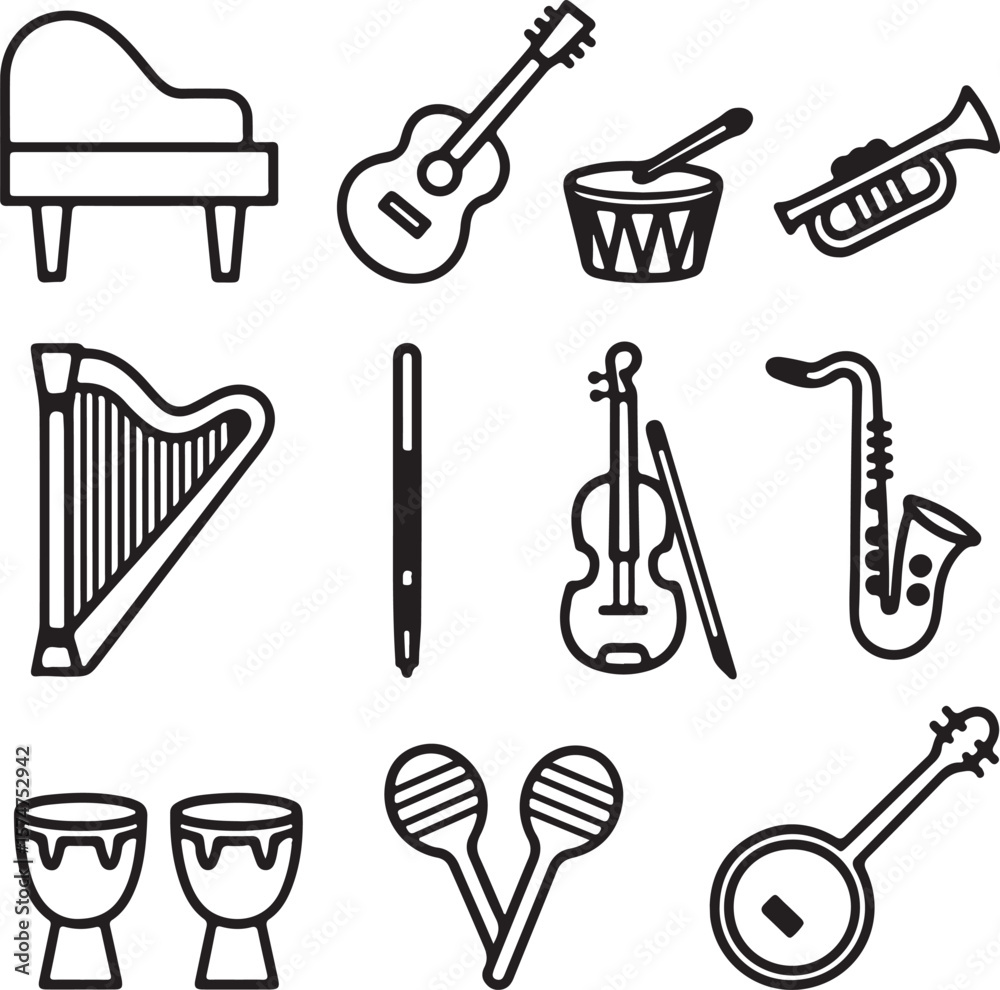 Obraz premium Collection of Musical Instruments Piano, Guitar, Drums, Trumpet, Harp, Flute, Violin, Saxophone, Bongos, Maracas, and Banjo