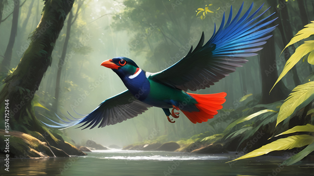 Fototapeta premium Elegant Trogon in Flight Over Riparian Stream Ai