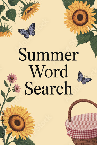 Minimalist soft summer book cover with sunflowers, butterflies, and picnic elements on a light background, featuring elegant serif title “Summer Word Search” for a peaceful look.