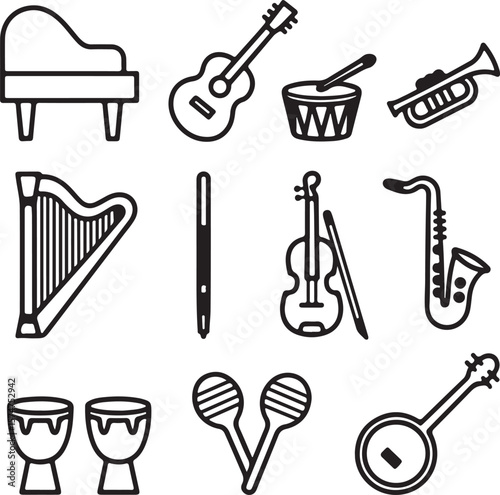 Collection of Musical Instruments Piano, Guitar, Drums, Trumpet, Harp, Flute, Violin, Saxophone, Bongos, Maracas, and Banjo
