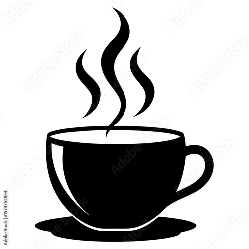 Simple black silhouette of a hot steaming tea cup with subtle rising vapor lines