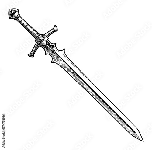 Fantasy Long Sword Black and White Outline Line Art Drawing of a Medieval Knight Weapon in Vintage Engraving Style Isolated