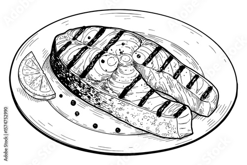 Grilled Salmon Steak with Lemon Slice on a Plate Black and White Outline Line Art Drawing