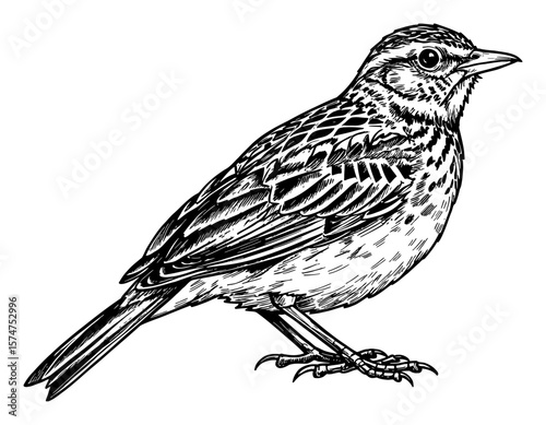 Lark Bird Full Body Side Profile Detailed Vintage Black and White Outline Line Art Drawing Isolated Object