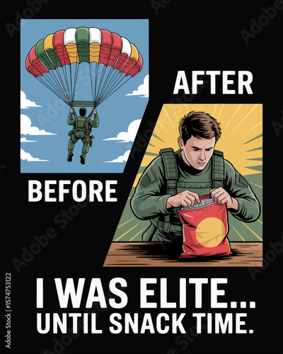 Split-panel cartoon of a young soldier parachuting and later struggling with chips, titled “I Was Elite... Until Snack Time” on a black background with humorous contrast.