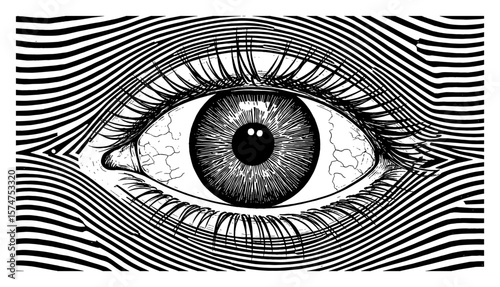 Human Eye Centered Horizontally with Wavy Horizontal Black Lines Black and White Outline Line Art Drawing