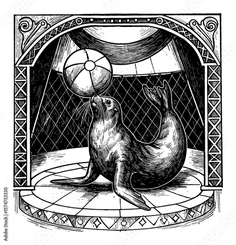 An Adorable Playful Seal Balancing Ball Above Circus Stage Classic Black and White Outline Line Art Drawing