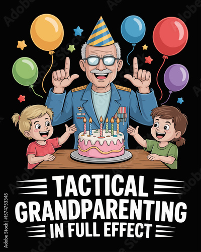 Veteran using military signals to command kids at a party, captioned “Tactical Grandparenting in Full Effect” on black background, perfect for family-based veteran humor.