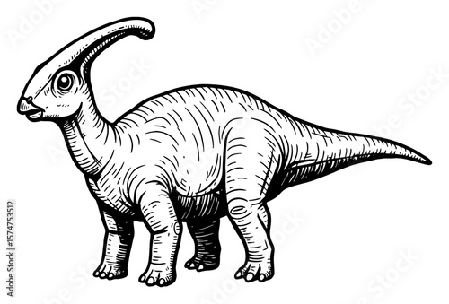 Cute Parasaurolophus Full Body Side View Black and White Outline Line Art Drawing Vintage Etching Isolated