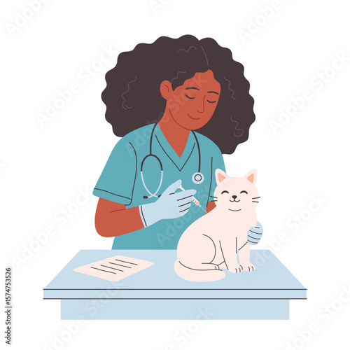 Veterinary doctor examining and cure pet in veterinarian office. Pets in a veterinary clinic. Veterinarian day. Vector illustration in flat style