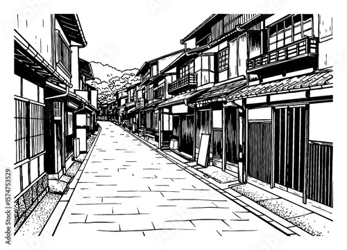 Empty Street View of Old Traditional Japanese Town with Buildings and Mountains Black and White Outline Line Art Drawing