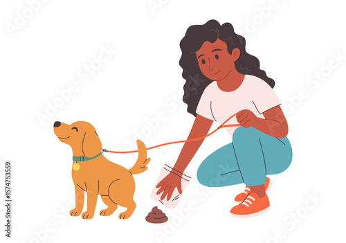 Clean up after your dog concept. Dog owner cleaning up dog waste. Pet care, environmental awareness waste disposal. Vector illustration in flat style