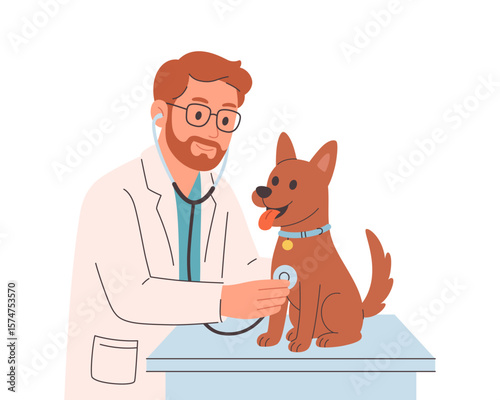 Veterinary doctor examining and cure dog. Veterinarian day. Vector illustration in flat style