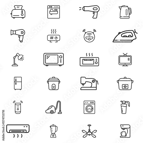 Collection of various household appliances including kitchen laundry and cleaning devices in line art style