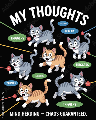 Cartoon cats chasing laser dots labeled “Triggers” on black background, captioned “Mind Herding – Chaos Guaranteed” for funny and relatable mental health representation.