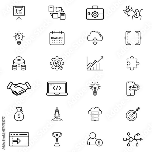 Collection of business and technology icons representing various concepts and applications in outline style