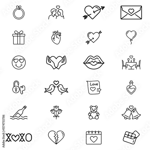 Collection of romantic love themed line art icons including hearts, couples, gifts and other symbols of love