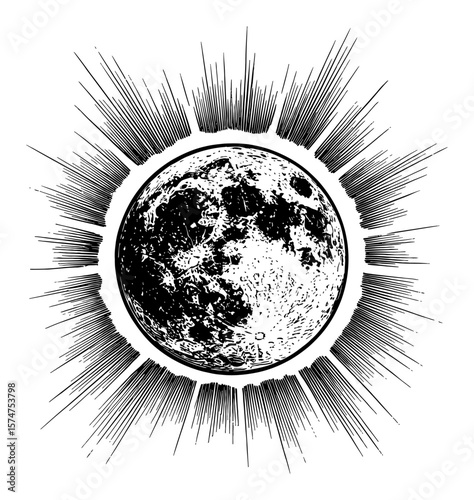 Full Moon with Bright Radiating Light Rays Black and White Outline Line Art Drawing Celestial Body